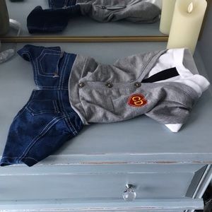 Dog Pet Outfit Overalls Sweater Vest Denim Jeans Jumpsuit Onesie Shirt Tie